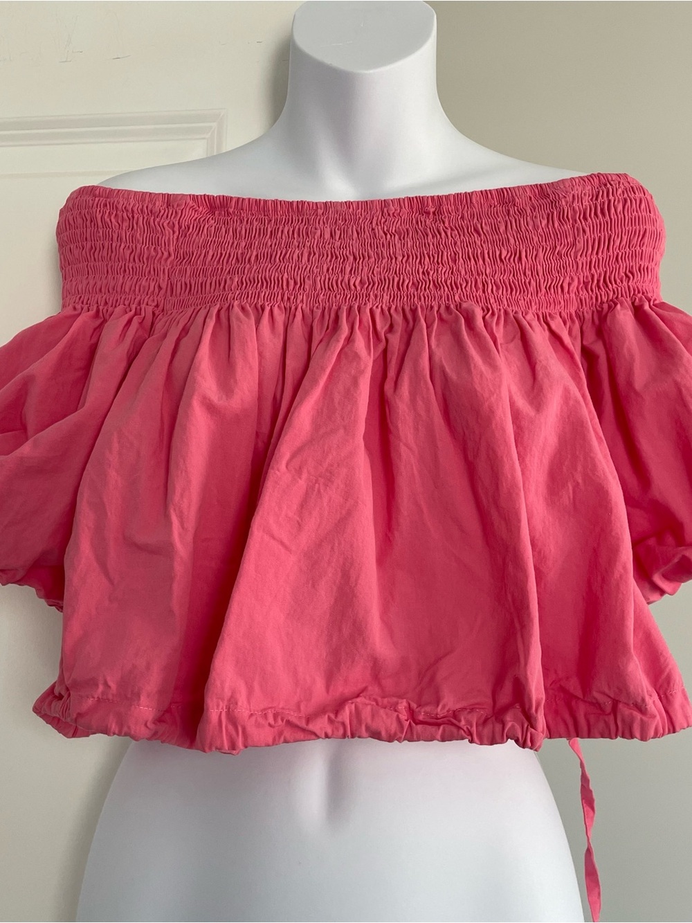 Zara Cotton Coral Pink Off-Shoulder Elasticized Smocked Crop Top W Side Ties